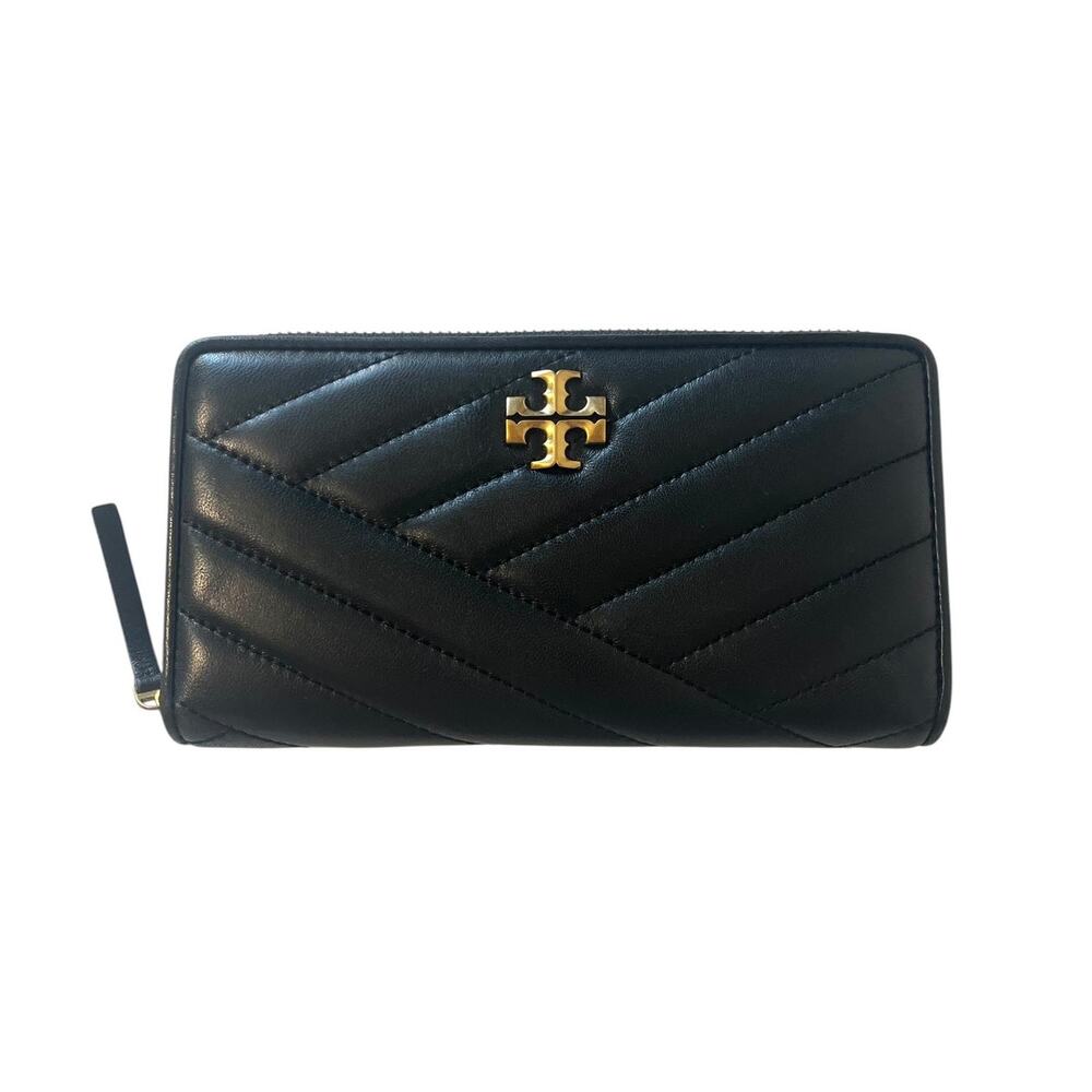 Tory Burch Kira Chevron Quilted Leather Zip Continental Wallet Black Gold